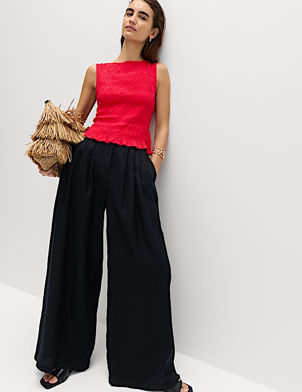 Slash Neck Shirred Top with Linen - NO