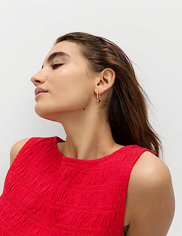 Slash Neck Shirred Top with Linen - NO