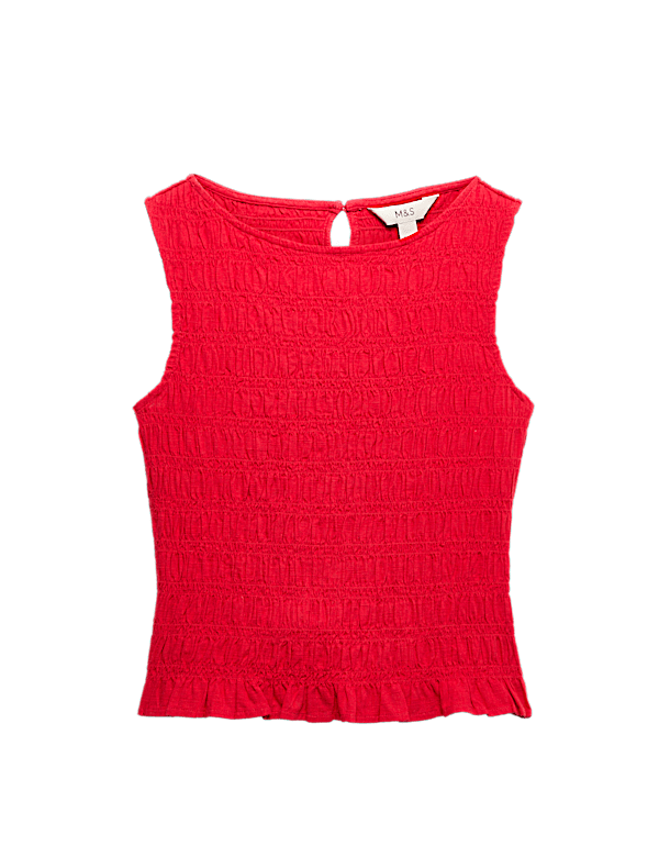 Slash Neck Shirred Top with Linen