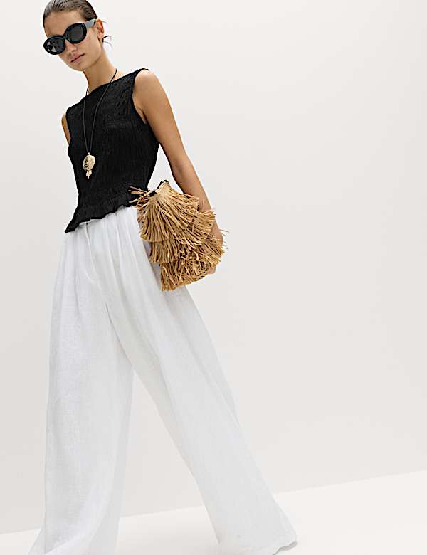 Slash Neck Shirred Top with Linen