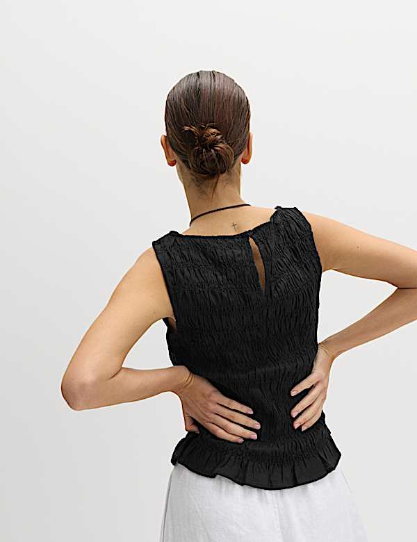 Slash Neck Shirred Top with Linen