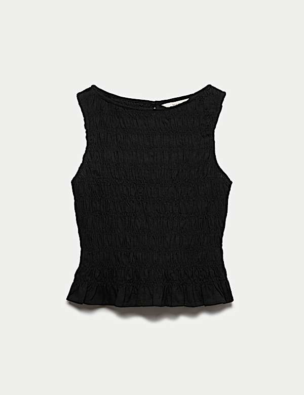 Slash Neck Shirred Top with Linen