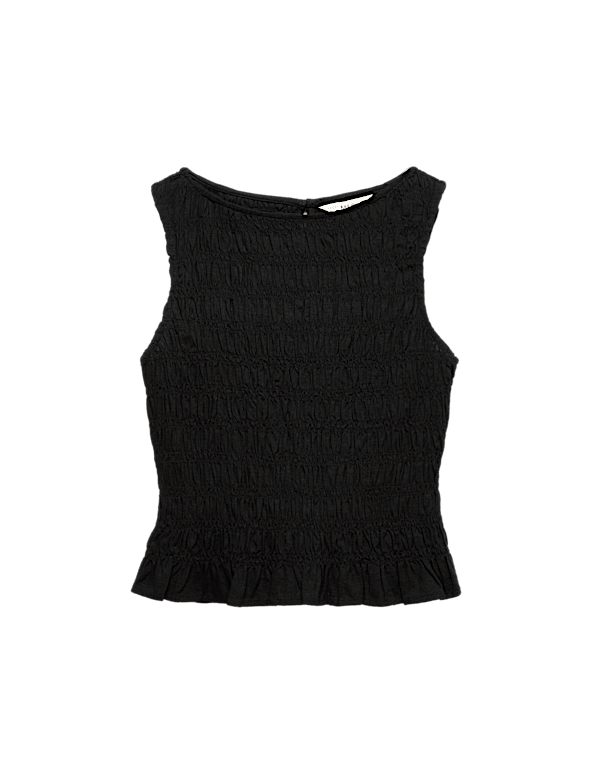 Slash Neck Shirred Top with Linen