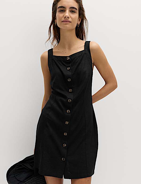 Linen Rich Button Through Mini Shift Dress