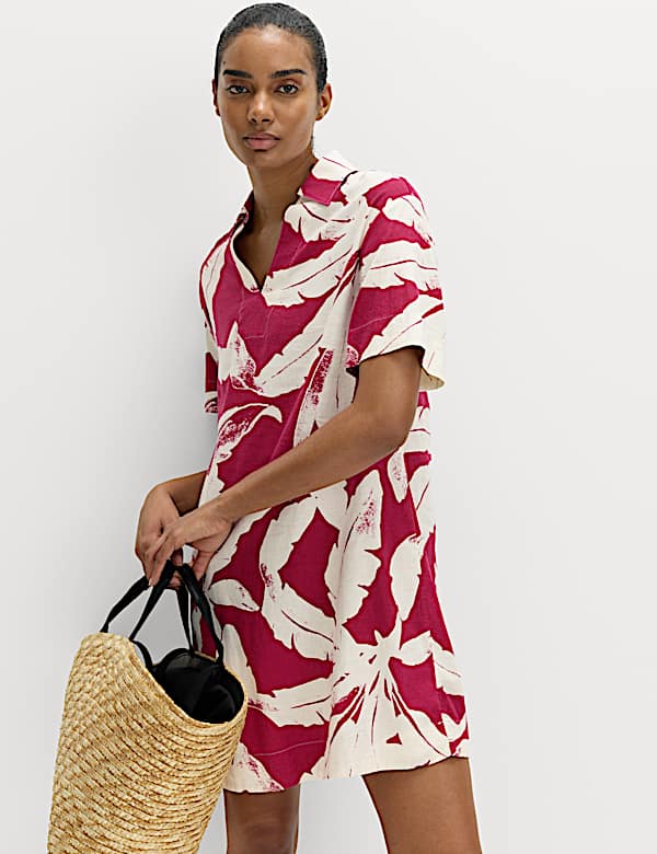 Linen Rich Printed V-Neck Popover Dress