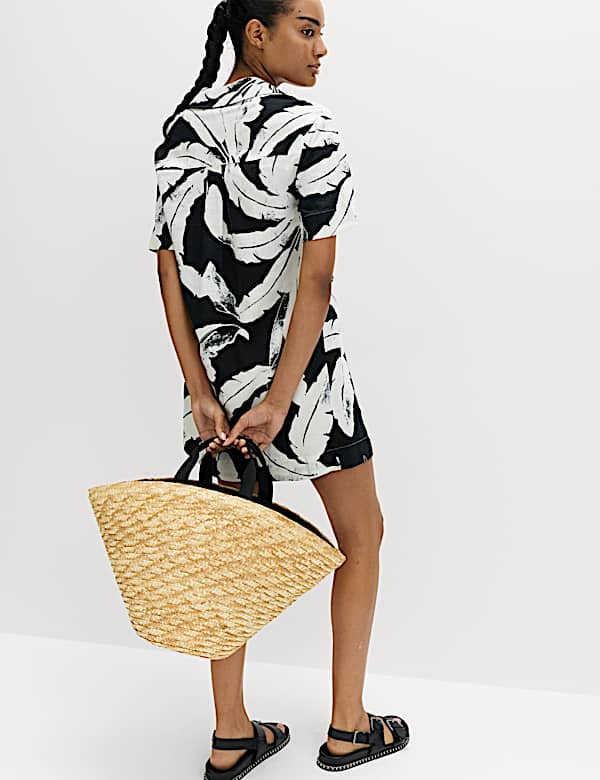 Linen Rich Printed V-Neck Popover Dress