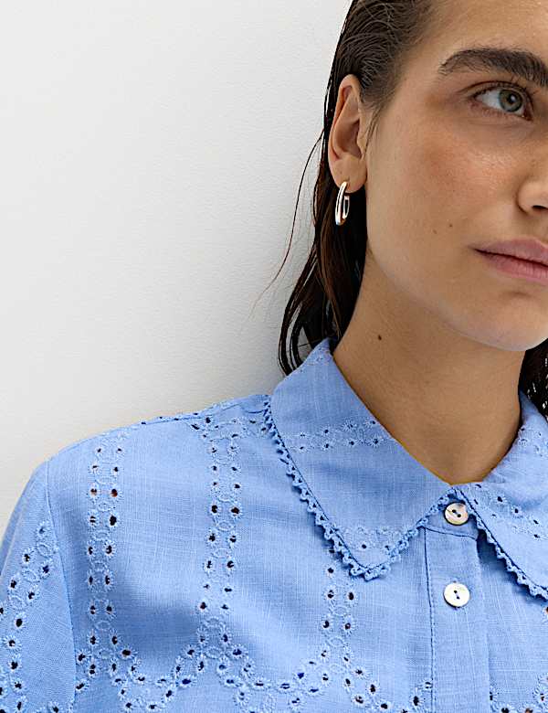 Broderie Collared Cutwork Detail Shirt with Linen