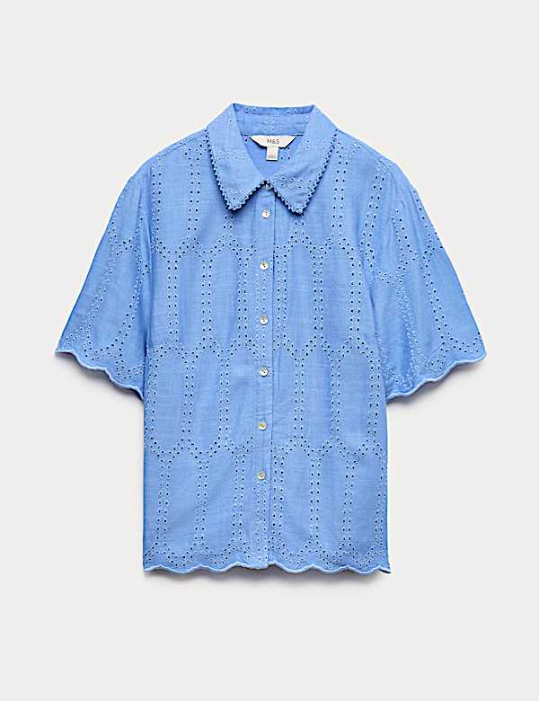 Broderie Collared Cutwork Detail Shirt with Linen