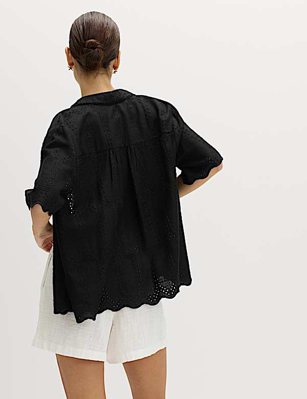 Broderie Collared Cutwork Detail Shirt with Linen