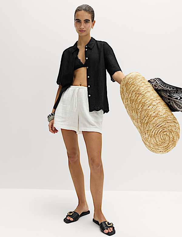 Broderie Collared Cutwork Detail Shirt with Linen