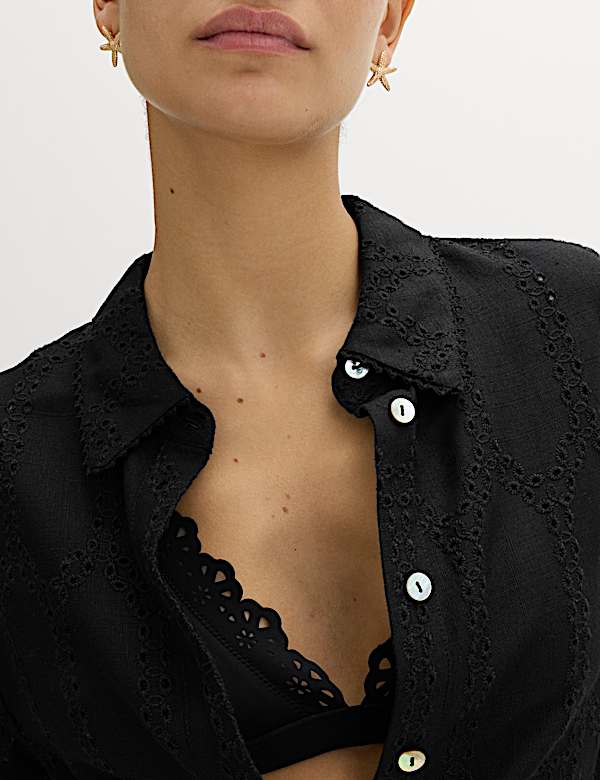 Broderie Collared Cutwork Detail Shirt with Linen
