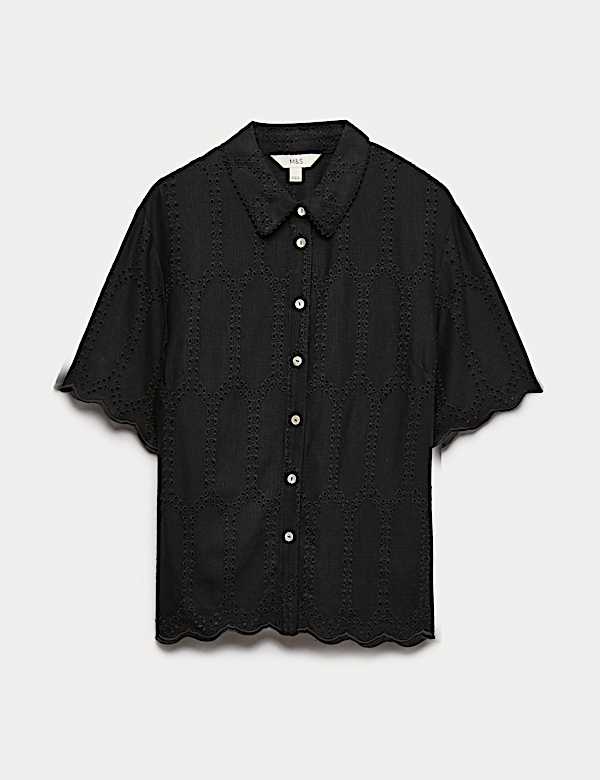 Broderie Collared Cutwork Detail Shirt with Linen