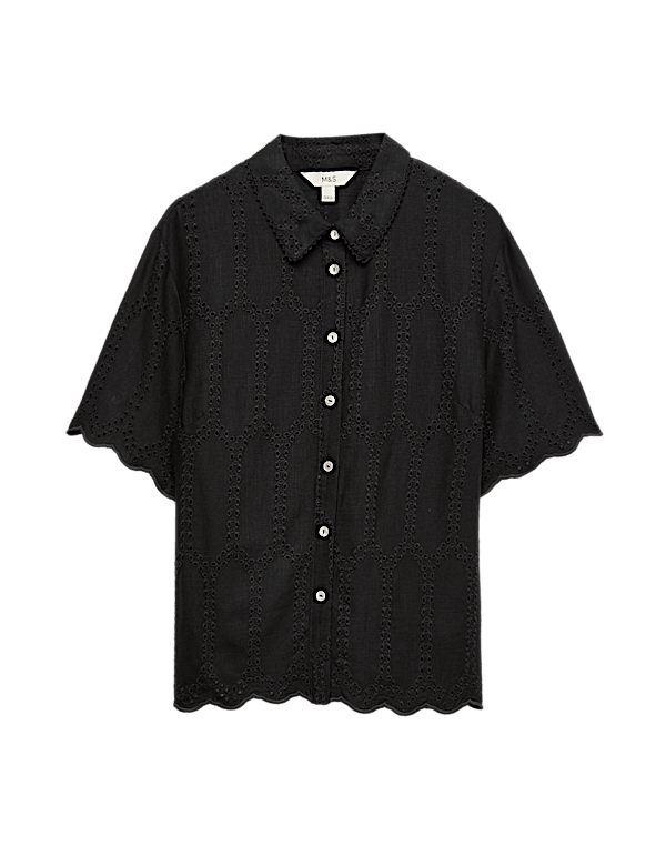 Broderie Collared Cutwork Detail Shirt with Linen