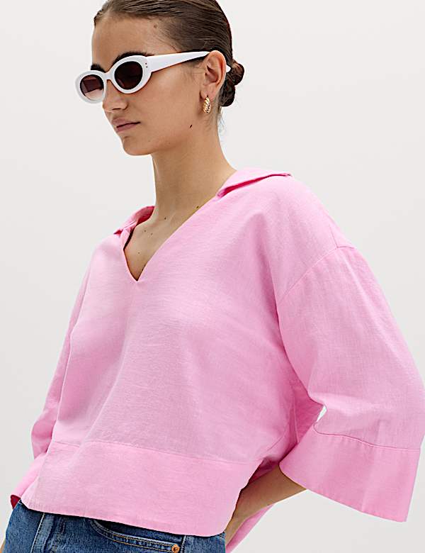 Linen Rich Collared Crop Top