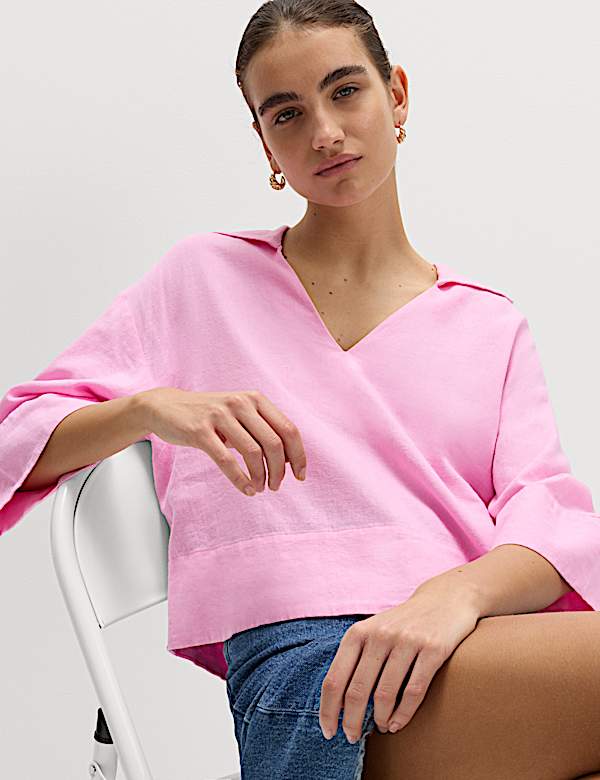 Linen Rich Collared Crop Top