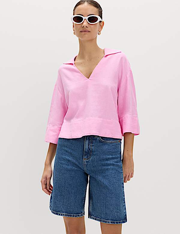 Linen Rich Collared Crop Top