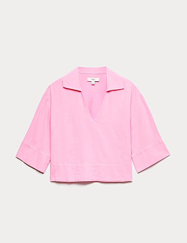 Linen Rich Collared Crop Top