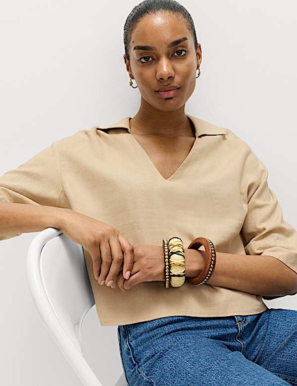 Linen Rich Collared Crop Top