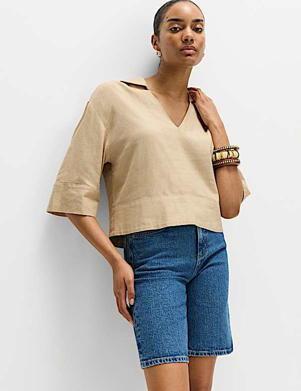 Linen Rich Collared Crop Top