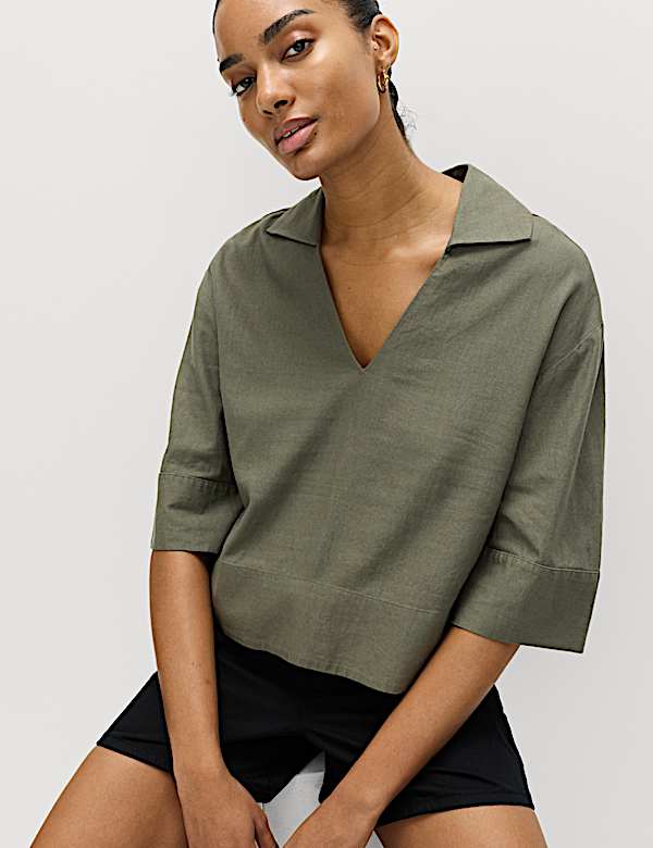 Linen Rich Collared Popover Crop Top - NZ