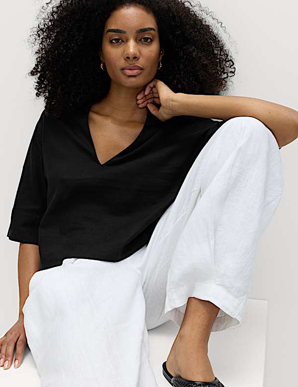 Linen Rich Collared Crop Top