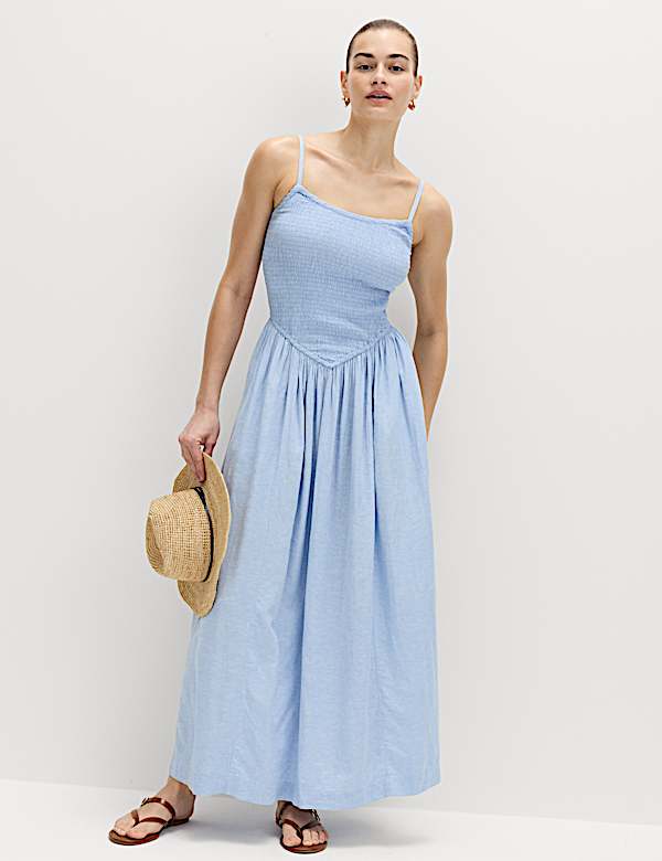 Robe midi en lin &agrave; fronces - BE