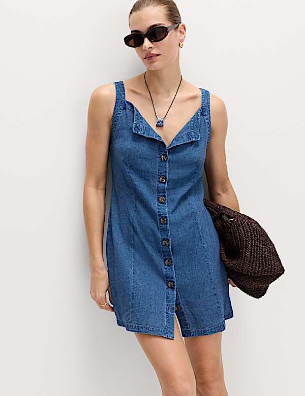Linen Rich Square Neck Button Through Mini Shift Dress