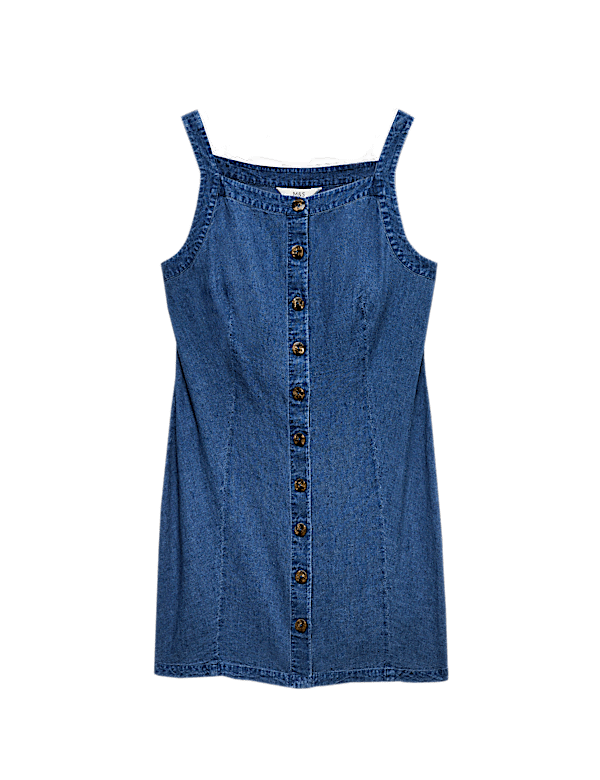 Linen Rich Square Neck Button Through Mini Shift Dress