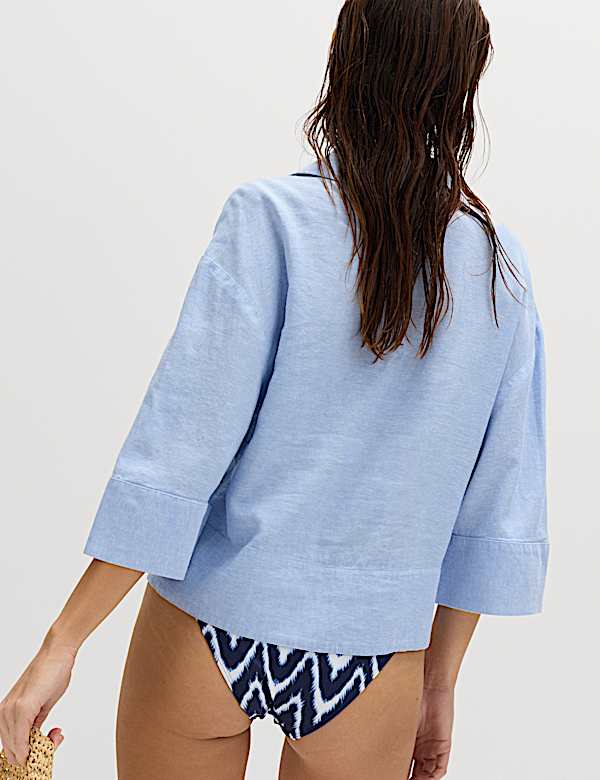 Linen Rich Collared V-Neck Popover Top - CA