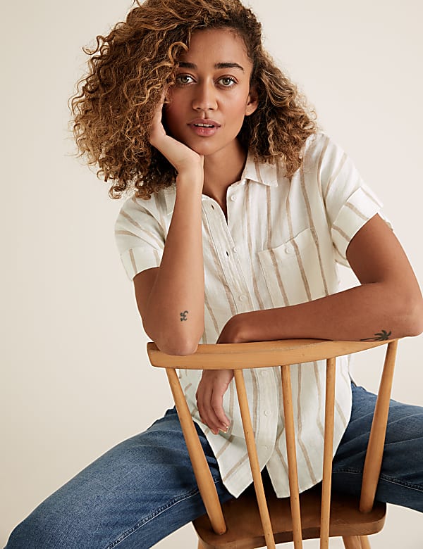 Pure Linen Striped Short Sleeve Shirt