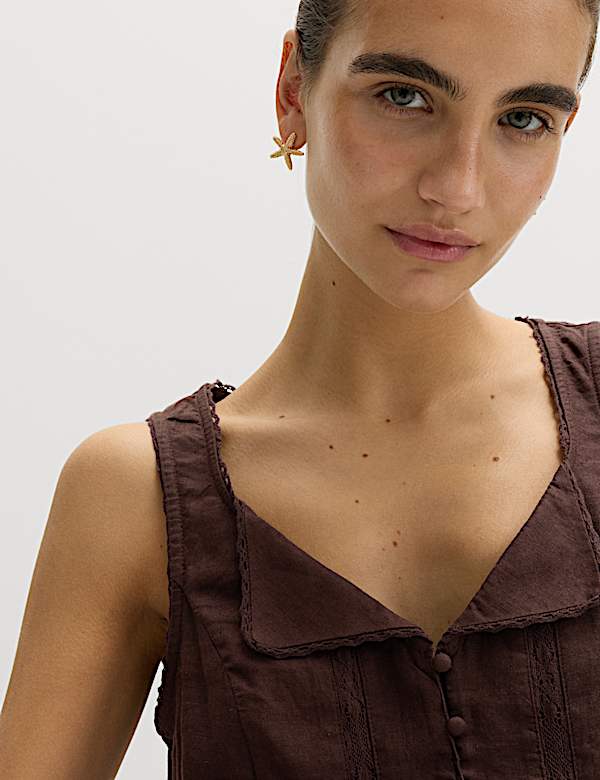 חולצה מבד עשיר בפשתן עם עיטור כפתורים ותחרה - IL