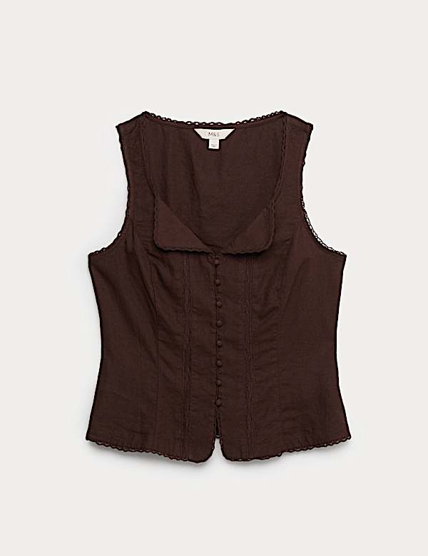 חולצה מבד עשיר בפשתן עם עיטור כפתורים ותחרה - IL