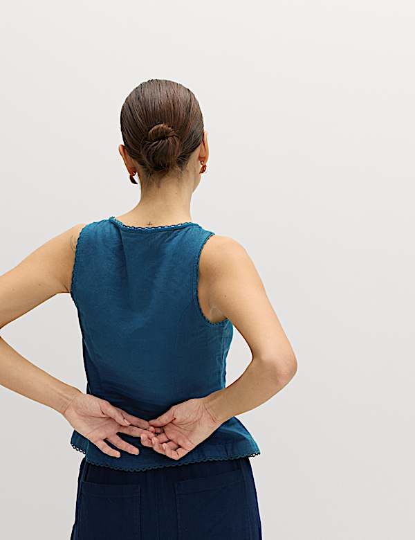 Linen Rich Lace Insert Button Detail Blouse