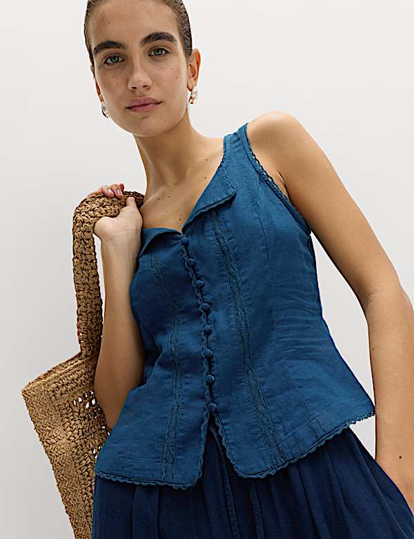 Linen Rich Lace Insert Button Detail Blouse