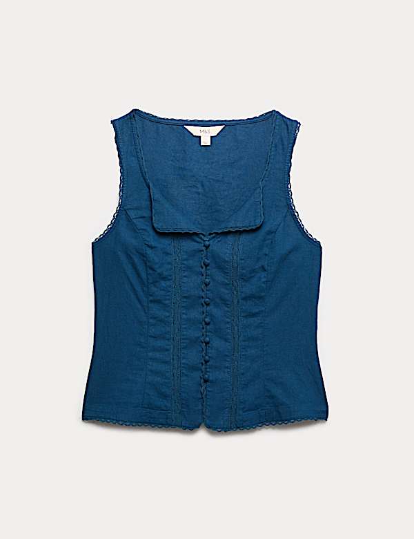 Linen Rich Lace Insert Button Detail Blouse