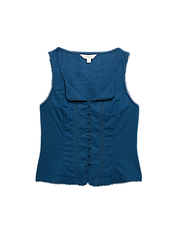 Linen Rich Lace Insert Button Detail Blouse