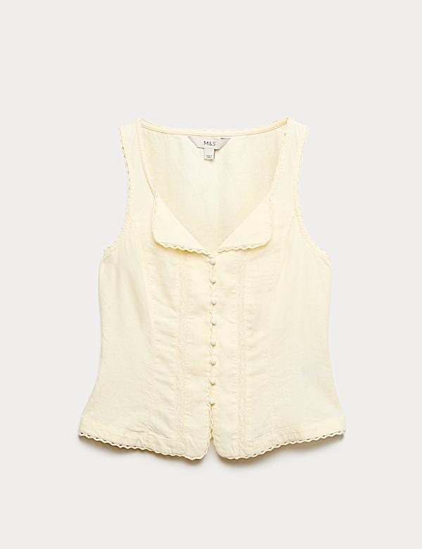 Linen Rich Lace Insert Button Detail Blouse - AU