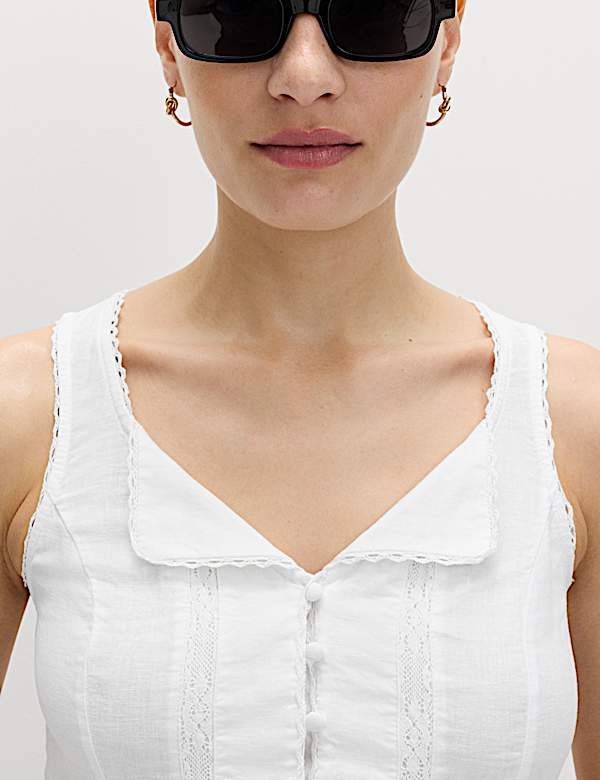 Linen Rich Lace Insert Button Detail Blouse