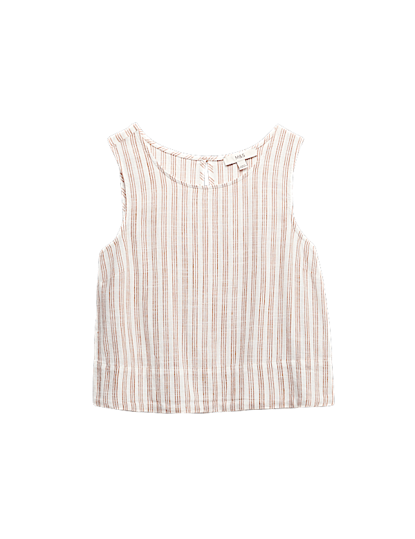 Striped Round Neck Vest Top with Linen