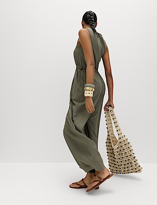 &Auml;rmelloser Jumpsuit mit hohem Leinenanteil und Bindedetail - DE