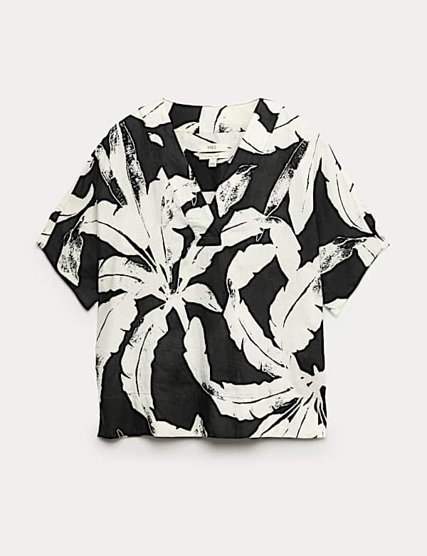 Pure Linen Printed V-Neck Popover Top