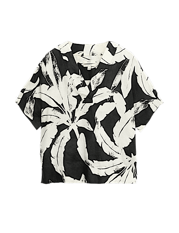 Pure Linen Printed V-Neck Popover Top