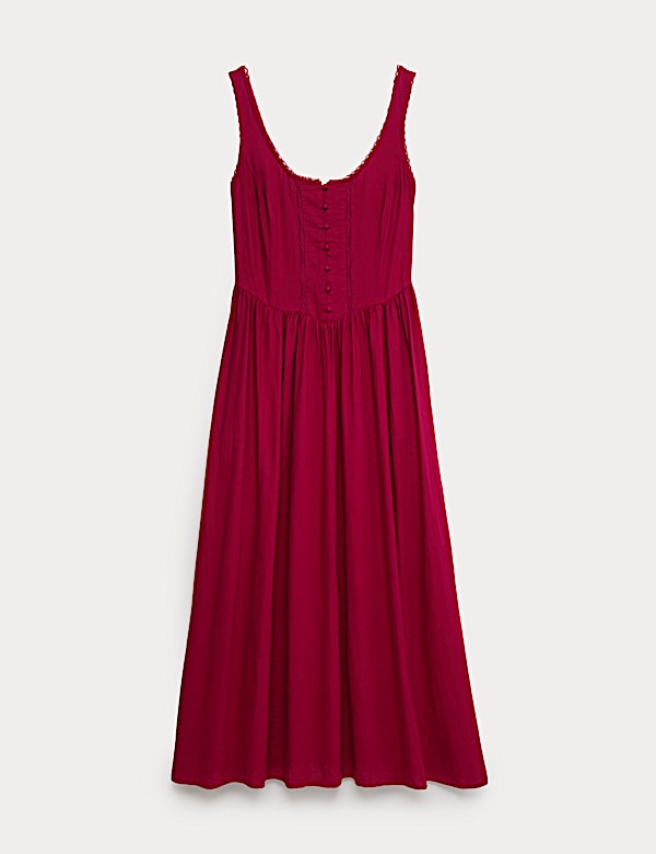 Linen Rich Scoop Neck Lace Insert Midi Waisted Dress