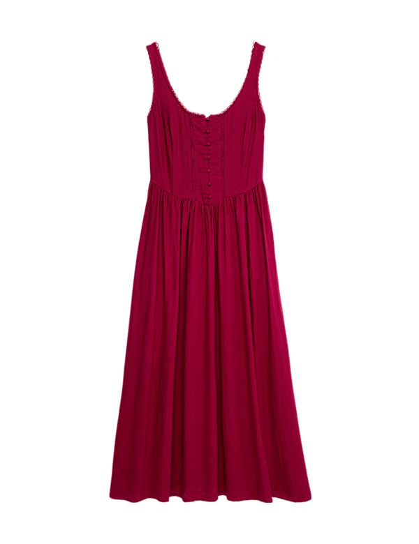 Linen Rich Scoop Neck Lace Insert Midi Waisted Dress