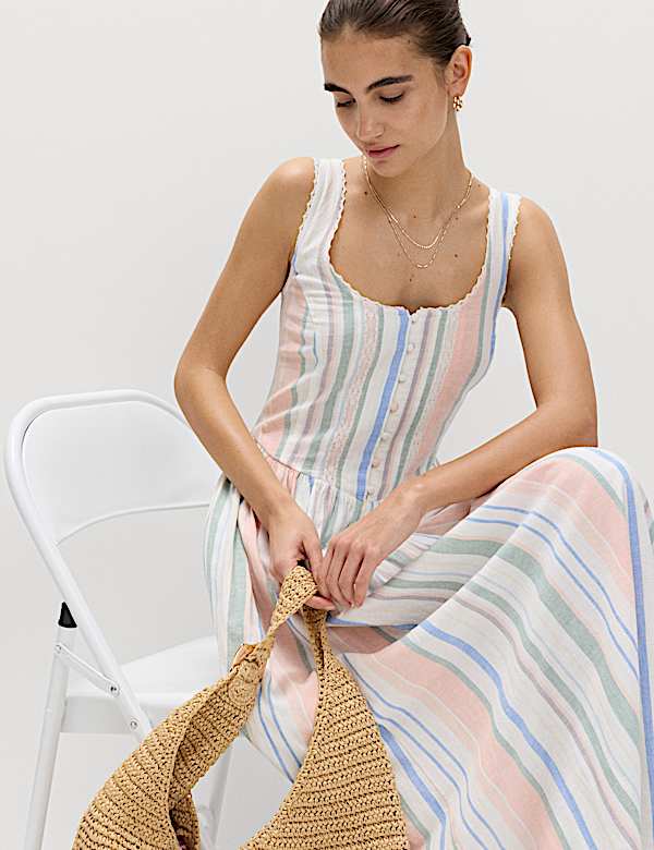 Linen Rich Lace Insert Strappy Midi Shift Dress