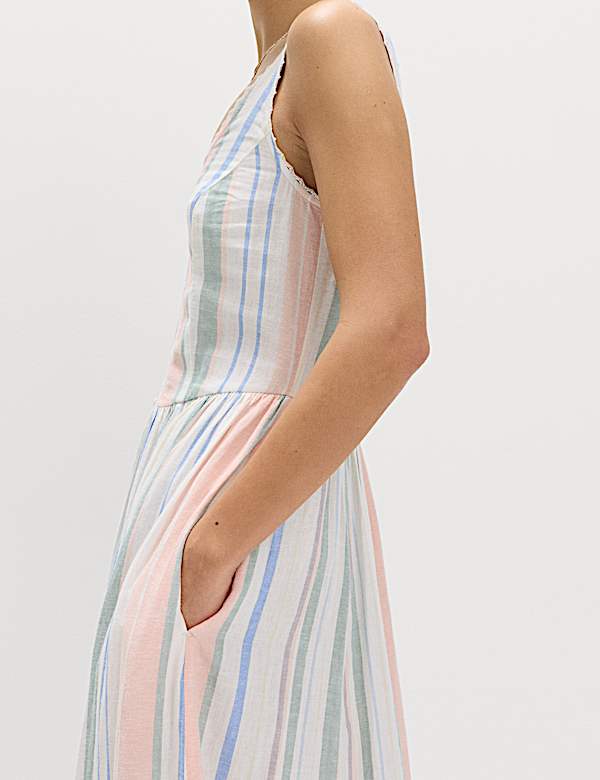Linen Rich Lace Insert Strappy Midi Shift Dress