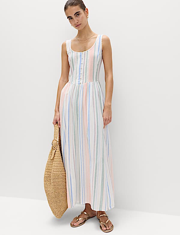 Linen Rich Lace Insert Strappy Midi Shift Dress