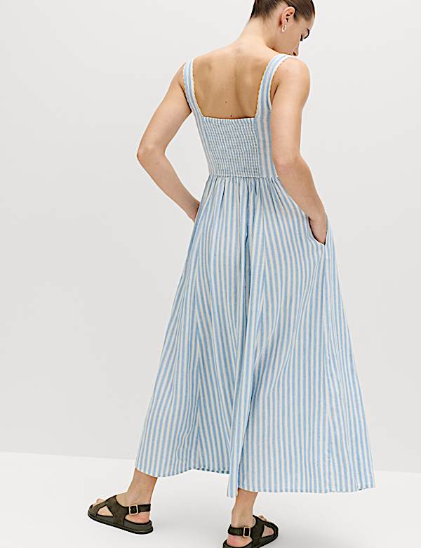 שמלת מידי רב-עונתית מבד עשיר בפשתן עם כתפיות ועיטור תחרה - IL