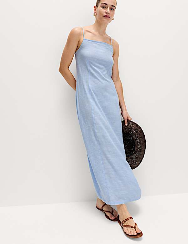 Square Neck Strappy Maxi Shift Dress with Linen - CH