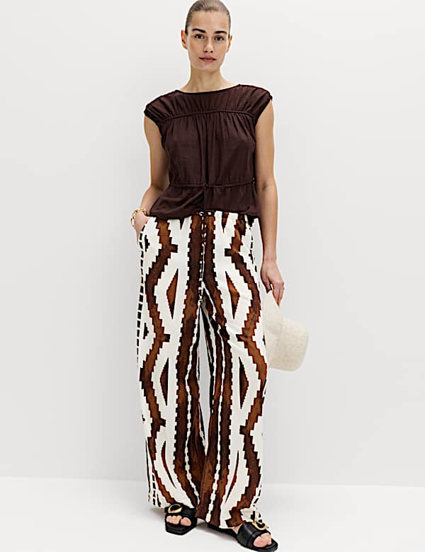 Linen Rich Geometric Drawstring Beach Trousers